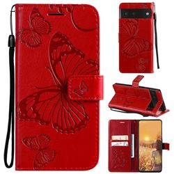 Embossing 3D Butterfly Leather Wallet Case for Google Pixel 6 - Red