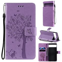 Embossing Butterfly Tree Leather Wallet Case for Google Pixel 6 - Violet