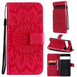 Embossing Sunflower Leather Wallet Case for Google Pixel 6 - Red