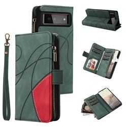 Luxury Two-color Stitching Multi-function Zipper Leather Wallet Case Cover for Google Pixel 6 - Green