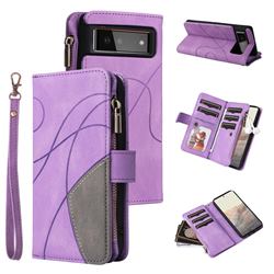 Luxury Two-color Stitching Multi-function Zipper Leather Wallet Case Cover for Google Pixel 6 - Purple