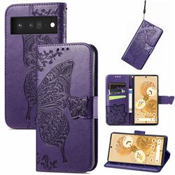Embossing Mandala Flower Butterfly Leather Wallet Case for Google Pixel 6 - Dark Purple