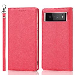 Ultra Slim Magnetic Automatic Suction Silk Lanyard Leather Flip Cover for Google Pixel 6 - Red