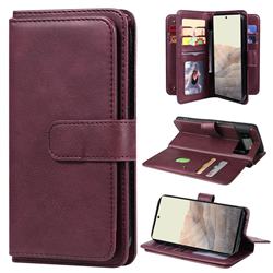 Multi-function Ten Card Slots and Photo Frame PU Leather Wallet Phone Case Cover for Google Pixel 6 - Claret