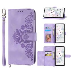 Skin Feel Embossed Lace Flower Multiple Card Slots Leather Wallet Phone Case for Google Pixel 6 - Purple