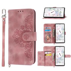 Skin Feel Embossed Lace Flower Multiple Card Slots Leather Wallet Phone Case for Google Pixel 6 - Pink