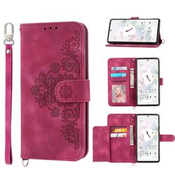 Skin Feel Embossed Lace Flower Multiple Card Slots Leather Wallet Phone Case for Google Pixel 6 - Claret Red