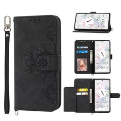 Skin Feel Embossed Lace Flower Multiple Card Slots Leather Wallet Phone Case for Google Pixel 6 - Black