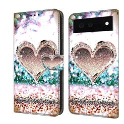 Pink Diamond Heart Crystal PU Leather Protective Wallet Case Cover for Google Pixel 6