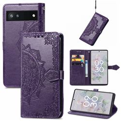 Embossing Imprint Mandala Flower Leather Wallet Case for Google Pixel 6a - Purple