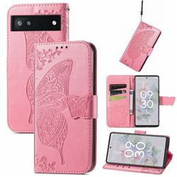Embossing Mandala Flower Butterfly Leather Wallet Case for Google Pixel 6a - Pink