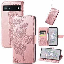 Embossing Mandala Flower Butterfly Leather Wallet Case for Google Pixel 6a - Rose Gold