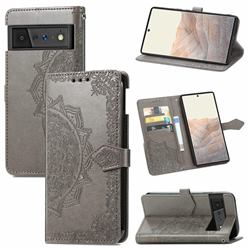 Embossing Imprint Mandala Flower Leather Wallet Case for Google Pixel 6 Pro - Gray