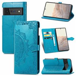 Embossing Imprint Mandala Flower Leather Wallet Case for Google Pixel 6 Pro - Blue