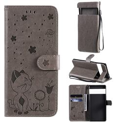 Embossing Bee and Cat Leather Wallet Case for Google Pixel 6 Pro - Gray