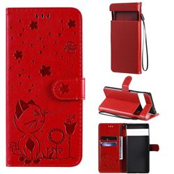 Embossing Bee and Cat Leather Wallet Case for Google Pixel 6 Pro - Red