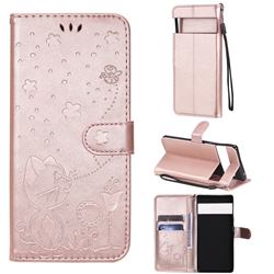 Embossing Bee and Cat Leather Wallet Case for Google Pixel 6 Pro - Rose Gold