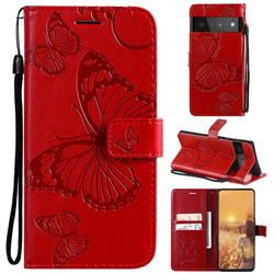 Embossing 3D Butterfly Leather Wallet Case for Google Pixel 6 Pro - Red
