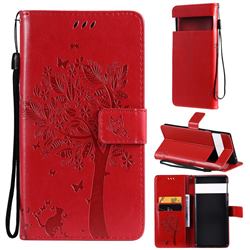Embossing Butterfly Tree Leather Wallet Case for Google Pixel 6 Pro - Red
