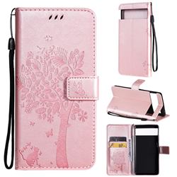 Embossing Butterfly Tree Leather Wallet Case for Google Pixel 6 Pro - Rose Pink