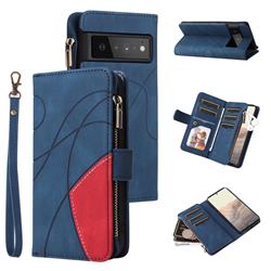 Luxury Two-color Stitching Multi-function Zipper Leather Wallet Case Cover for Google Pixel 6 Pro - Blue