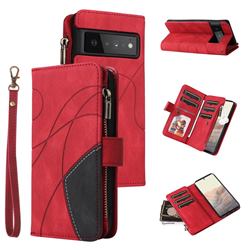 Luxury Two-color Stitching Multi-function Zipper Leather Wallet Case Cover for Google Pixel 6 Pro - Red