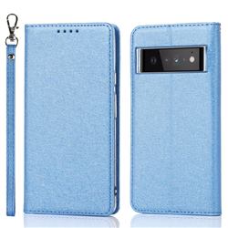 Ultra Slim Magnetic Automatic Suction Silk Lanyard Leather Flip Cover for Google Pixel 6 Pro - Sky Blue