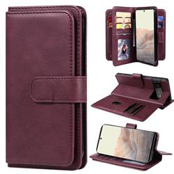 Multi-function Ten Card Slots and Photo Frame PU Leather Wallet Phone Case Cover for Google Pixel 6 Pro - Claret