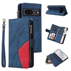 Luxury Two-color Stitching Multi-function Zipper Leather Wallet Case Cover for Google Pixel 7 - Blue