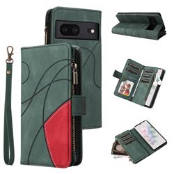 Luxury Two-color Stitching Multi-function Zipper Leather Wallet Case Cover for Google Pixel 7 - Green