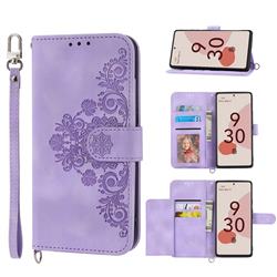 Skin Feel Embossed Lace Flower Multiple Card Slots Leather Wallet Phone Case for Google Pixel 7 - Purple