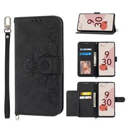 Skin Feel Embossed Lace Flower Multiple Card Slots Leather Wallet Phone Case for Google Pixel 7 - Black