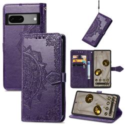 Embossing Imprint Mandala Flower Leather Wallet Case for Google Pixel 7A - Purple