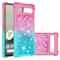 Rainbow Gradient Liquid Glitter Quicksand Sequins Phone Case for Google Pixel 7A - Pink Blue
