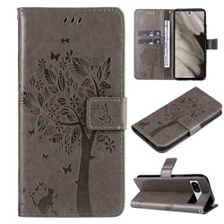 Embossing Butterfly Tree Leather Wallet Case for Google Pixel 7A - Grey
