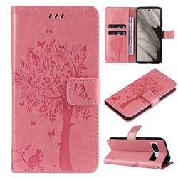 Embossing Butterfly Tree Leather Wallet Case for Google Pixel 7A - Pink