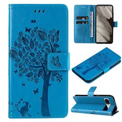 Embossing Butterfly Tree Leather Wallet Case for Google Pixel 7A - Blue
