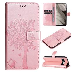 Embossing Butterfly Tree Leather Wallet Case for Google Pixel 7A - Rose Pink