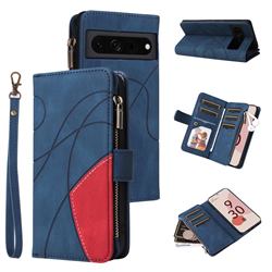 Luxury Two-color Stitching Multi-function Zipper Leather Wallet Case Cover for Google Pixel 7 Pro - Blue