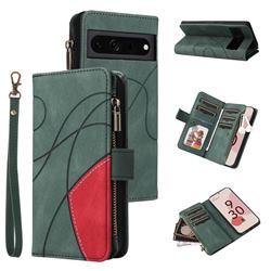 Luxury Two-color Stitching Multi-function Zipper Leather Wallet Case Cover for Google Pixel 7 Pro - Green