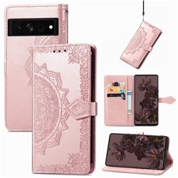 Embossing Imprint Mandala Flower Leather Wallet Case for Google Pixel 7 Pro - Rose Gold