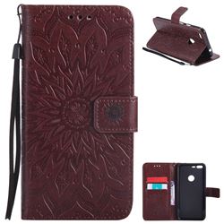 Embossing Sunflower Leather Wallet Case for Google Pixel XL - Brown