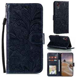 Intricate Embossing Lace Jasmine Flower Leather Wallet Case for Samsung Galaxy Xcover 5 - Dark Blue