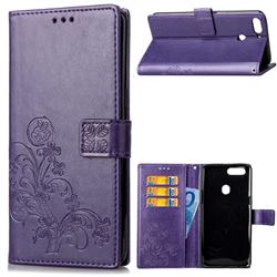Embossing Imprint Four-Leaf Clover Leather Wallet Case for HTC Desire 12+ Plus (6.0 inch) - Purple