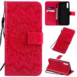 Embossing Sunflower Leather Wallet Case for Huawei Enjoy 10s - Red