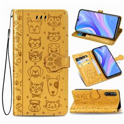 Embossing Dog Paw Kitten and Puppy Leather Wallet Case for Huawei Enjoy 10s - Yellow