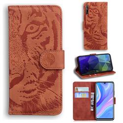 Intricate Embossing Tiger Face Leather Wallet Case for Huawei Enjoy 10s - Brown