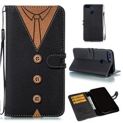 Mens Button Clothing Style Leather Wallet Phone Case for Huawei Enjoy 8E - Black