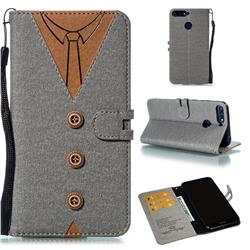 Mens Button Clothing Style Leather Wallet Phone Case for Huawei Enjoy 8E - Gray