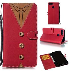 Mens Button Clothing Style Leather Wallet Phone Case for Huawei Enjoy 8E - Red